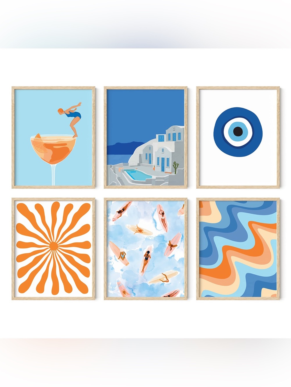 Coastal Summer Art Print Set - Blue & Orange Wall Art